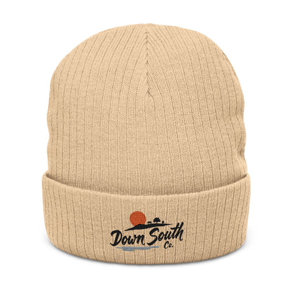 Down South Ribbed Knit Beanie — Embroidered Cuffed Winter Hat
