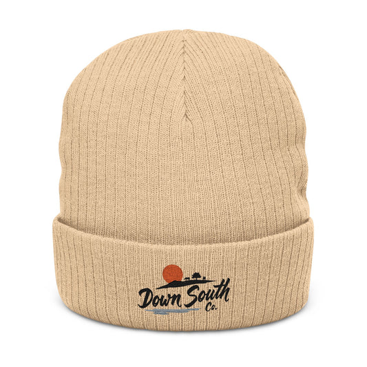 Down South Ribbed Knit Beanie — Embroidered Cuffed Winter Hat