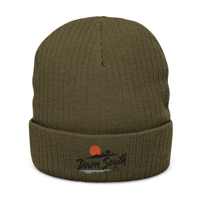 Down South Ribbed Knit Beanie — Embroidered Cuffed Winter Hat